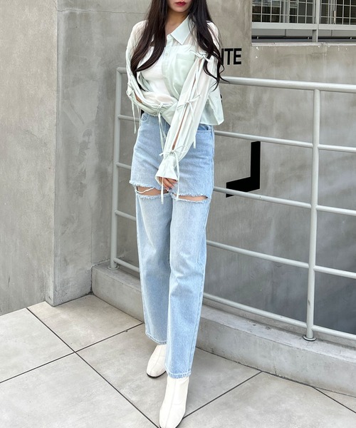 INGNI（イング）の「袖リボンラメシアーショートシャツ（シャツ/ブラウス・レディース・サックスブルー/アイボリー/ピンク/グレー/ミント・M）」の18枚目の写真