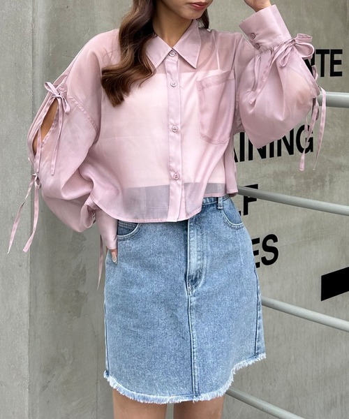 INGNI（イング）の「袖リボンラメシアーショートシャツ（シャツ/ブラウス・レディース・サックスブルー/アイボリー/ピンク/グレー/ミント・M）」の11枚目の写真