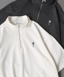 Rose Embroidery Punch the dough Half Zip Shirt/ポンチ オーバーサイズ 薔薇 ワンポイント刺繍 ハーフジップ 半袖Tシャツ