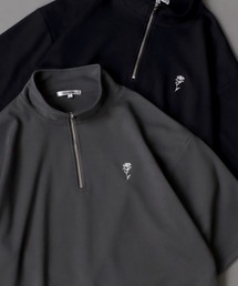 Rose Embroidery Punch the dough Half Zip Shirt/ポンチ オーバーサイズ 薔薇 ワンポイント刺繍 ハーフジップ 半袖Tシャツ