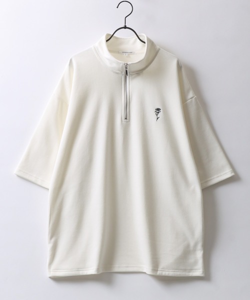 SITRY（シトリー）の「Rose Embroidery Punch the dough Half Zip Shirt/ポンチ オーバーサイズ 薔薇 ワンポイント刺繍 ハーフジップ 半袖Tシャツ（Tシャツ/カットソー・メンズ・ホワイト/チャコール/ブラック・L/M）」の4枚目の写真