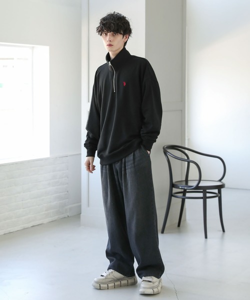 U.S. POLO ASSN.(ユーエスポロアッスン)の「U.S. POLO ASSN. 別注 ワンポイントロゴ刺繍スタンドネックスウェットハーフジップ(スウェット・メンズ・ブラック×グレー/ベージュ/アッシュグレー/グレー系/アイボリー/ホワイト系/ブラック・S/M/L)」の9枚目の写真