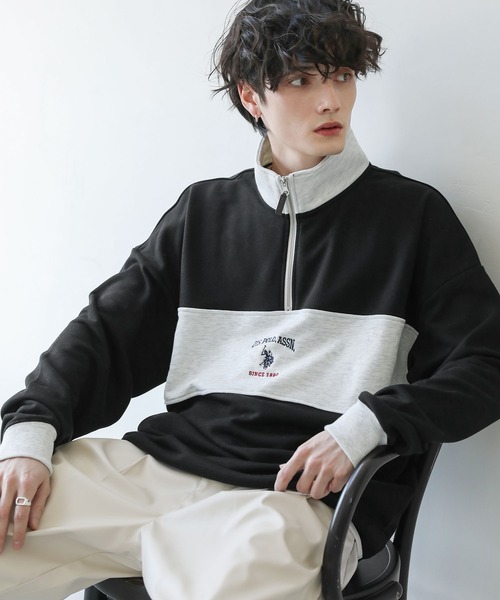 U.S. POLO ASSN.(ユーエスポロアッスン)の「U.S. POLO ASSN. 別注 ワンポイントロゴ刺繍スタンドネックスウェットハーフジップ(スウェット・メンズ・ブラック×グレー/ベージュ/アッシュグレー/グレー系/アイボリー/ホワイト系/ブラック・S/M/L)」の13枚目の写真