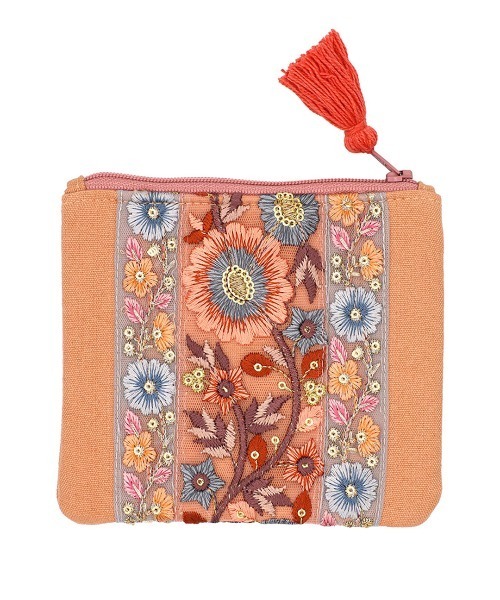 【リュンヌ】インド刺繍リボン・ミニポーチ(S) インド刺繍リボンのミニポーチ/生成×ブルーチュール ポーチ