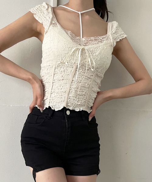 セール】コルセットライクキャップスリーブカットトップス（T