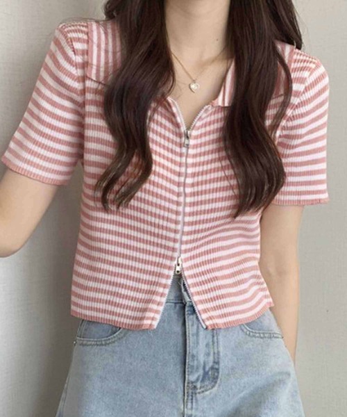 NANEA(ナネア)の「クロップド丈 ボーダー柄ダブルジップカーディガン(カーディガン/ボレロ・レディース・レッド/ピンク/グリーン/ブラウン/オレンジ/パープル/ブラック/ブルー/グレー・フリー)」の7枚目の写真