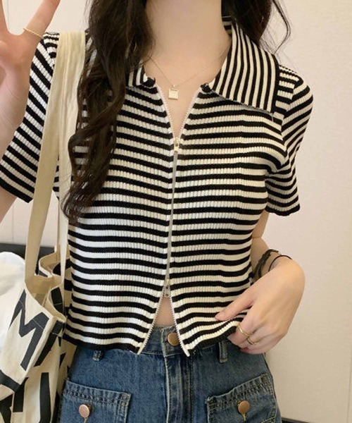 NANEA(ナネア)の「クロップド丈 ボーダー柄ダブルジップカーディガン(カーディガン/ボレロ・レディース・レッド/ピンク/グリーン/ブラウン/オレンジ/パープル/ブラック/ブルー/グレー・フリー)」の1枚目の写真