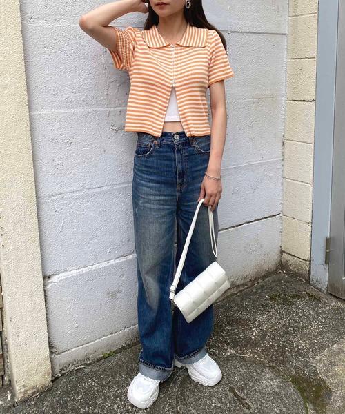 NANEA(ナネア)の「クロップド丈 ボーダー柄ダブルジップカーディガン(カーディガン/ボレロ・レディース・レッド/ピンク/グリーン/ブラウン/オレンジ/パープル/ブラック/ブルー/グレー・フリー)」の16枚目の写真