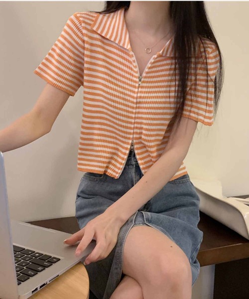 NANEA(ナネア)の「クロップド丈 ボーダー柄ダブルジップカーディガン(カーディガン/ボレロ・レディース・レッド/ピンク/グリーン/ブラウン/オレンジ/パープル/ブラック/ブルー/グレー・フリー)」の21枚目の写真