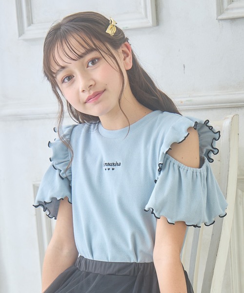 ★minagram★ セルン フリルショルダー袖付きTシャツ セール】フリルスリーブ オープンショルダーカットソー(130