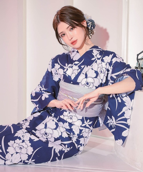 浴衣セット レディース 紺地×大牡丹 ゆかた2点セット浴衣 兵児帯 かわいい