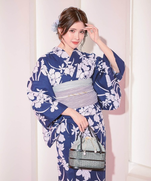 浴衣　大きめサイズ　浴衣 3L 牡丹　濃紺　兵児帯エンジ　2点　新品　0713④ 浴衣 大きめサイズ 浴衣 3L 牡丹 濃紺 兵児帯エンジ 2点 新品 0713④