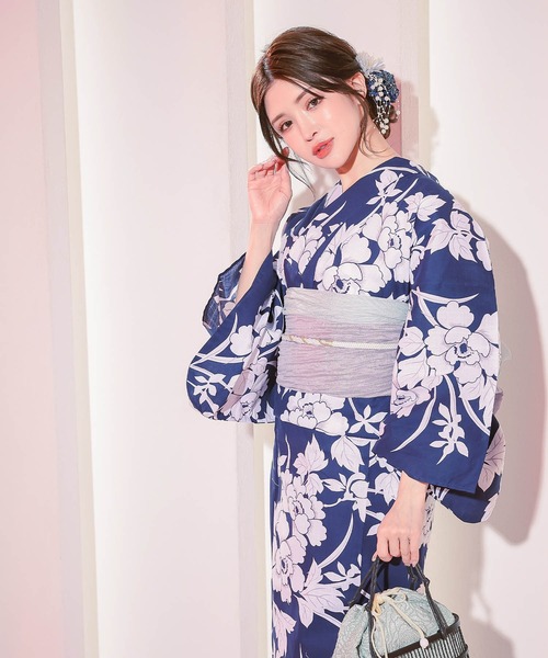 浴衣　大きめサイズ　浴衣 3L 牡丹　濃紺　兵児帯エンジ　2点　新品　0713⑨ 浴衣 大きめサイズ 浴衣 3L 牡丹 濃紺 兵児帯エンジ 2点 新品 0713⑨