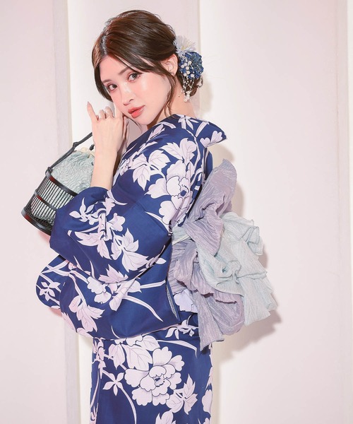 浴衣セット レディース 紺地×大牡丹 ゆかた2点セット浴衣 兵児帯 かわいい