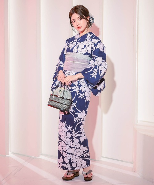 浴衣セット レディース 紺地×大牡丹 ゆかた2点セット浴衣 兵児帯 かわいい