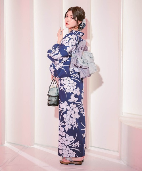 浴衣セット レディース 紺地×大牡丹 ゆかた2点セット浴衣 兵児帯 かわいい