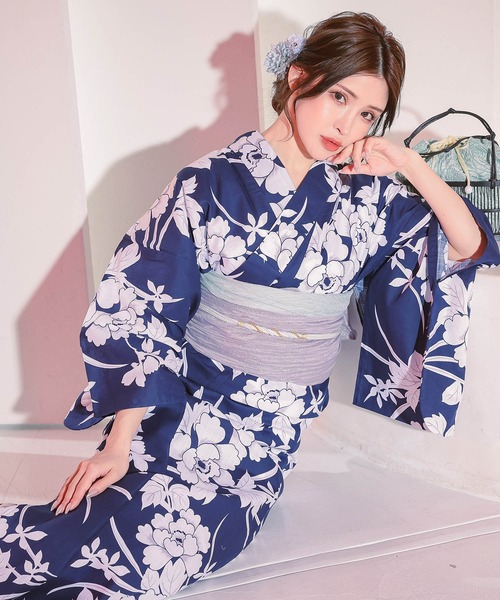 浴衣セット レディース 紺地×大牡丹 ゆかた2点セット浴衣 兵児帯 かわいい
