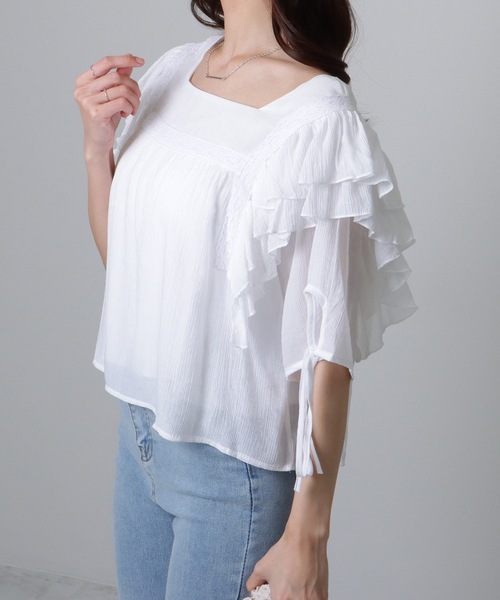 Lace Ladies(レースレディース)の「スクエアネック フリル ギャザー バルーン袖 ブラウス(シャツ/ブラウス・レディース・ホワイト/ピンク・S/M/XL)」の12枚目の写真