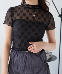 LAFFMO | リボン柄ハイネック半袖シースルートップス(Tシャツ/カットソー)