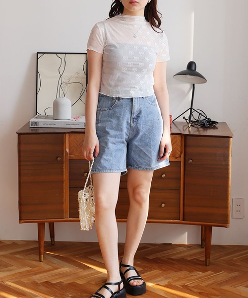 LAFFMO（ラフモ）の「リボン柄ハイネック半袖シースルートップス（Tシャツ/カットソー・レディース・ブラック/ホワイト・F）」の6枚目の写真