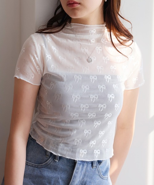 LAFFMO（ラフモ）の「リボン柄ハイネック半袖シースルートップス（Tシャツ/カットソー・レディース・ブラック/ホワイト・F）」の5枚目の写真