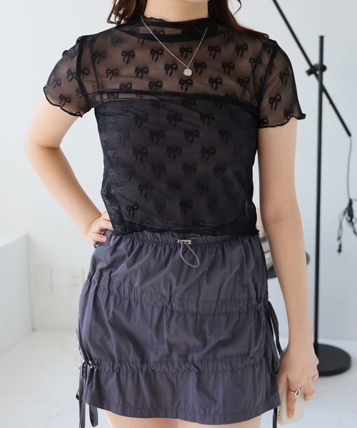 LAFFMO（ラフモ）の「リボン柄ハイネック半袖シースルートップス（Tシャツ/カットソー・レディース・ブラック/ホワイト・F）」の7枚目の写真