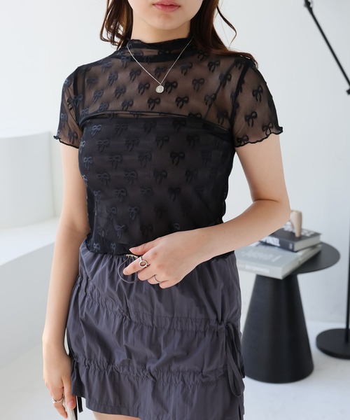 LAFFMO（ラフモ）の「リボン柄ハイネック半袖シースルートップス（Tシャツ/カットソー・レディース・ブラック/ホワイト・F）」の12枚目の写真