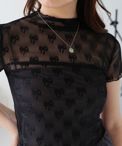 LAFFMO（ラフモ）の「リボン柄ハイネック半袖シースルートップス（Tシャツ/カットソー・レディース・ブラック/ホワイト・F）」の17枚目の写真