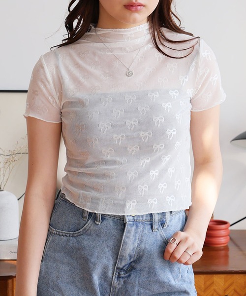 LAFFMO（ラフモ）の「リボン柄ハイネック半袖シースルートップス（Tシャツ/カットソー・レディース・ブラック/ホワイト・F）」の20枚目の写真