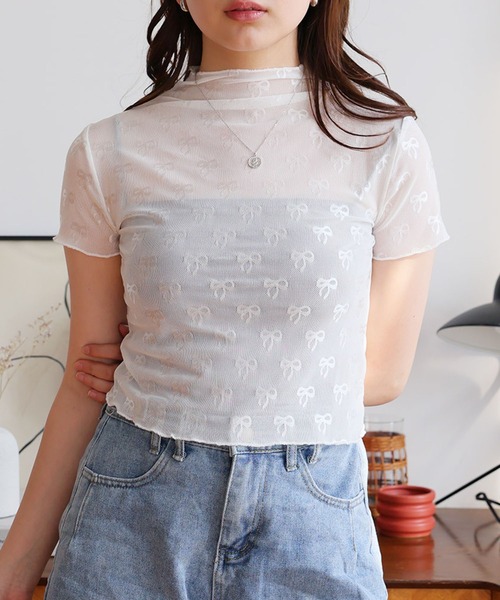 LAFFMO（ラフモ）の「リボン柄ハイネック半袖シースルートップス（Tシャツ/カットソー・レディース・ブラック/ホワイト・F）」の21枚目の写真