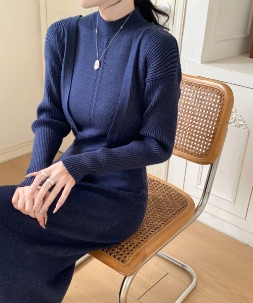 ABITOKYO(アビトーキョー)の「2wayハーフネックレイヤード風ニットワンピース(ワンピース・レディース・ブラック/ネイビー/ベージュ/モカ/ブラウン/チャコールグレー・FREE)」の6枚目の写真