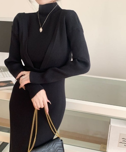 ABITOKYO(アビトーキョー)の「2wayハーフネックレイヤード風ニットワンピース(ワンピース・レディース・ブラック/ネイビー/ベージュ/モカ/ブラウン/チャコールグレー・FREE)」の2枚目の写真