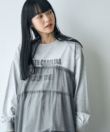 天竺ロゴプリントチュールドッキングロングスリーブTシャツ