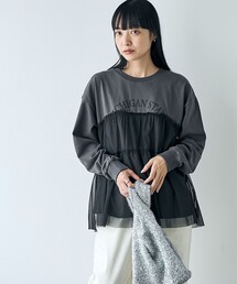 天竺ロゴプリントチュールドッキングロングスリーブTシャツ