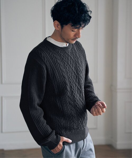 ikka（イッカ）の「アランケーブル抗菌リサイクルニット（ニット/セーター・メンズ・オフホワイト/チャコールグレー/ワイン/ネイビー・S/M/L/XL）」の10枚目の写真