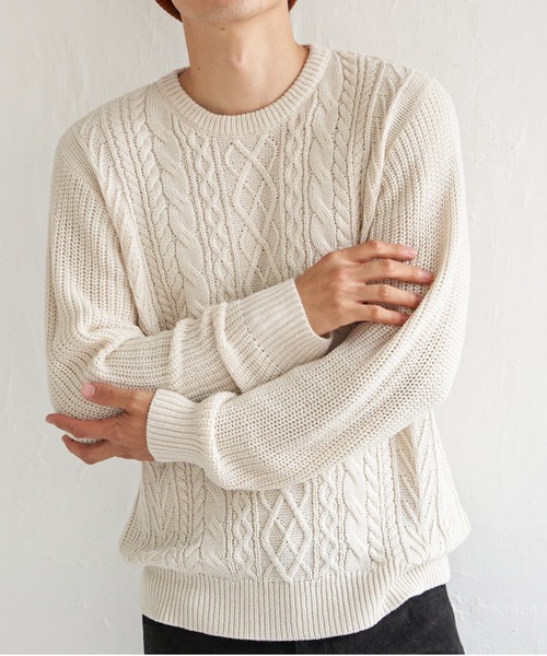 ikka（イッカ）の「アランケーブル抗菌リサイクルニット（ニット/セーター・メンズ・オフホワイト/チャコールグレー/ワイン/ネイビー・S/M/L/XL）」の2枚目の写真