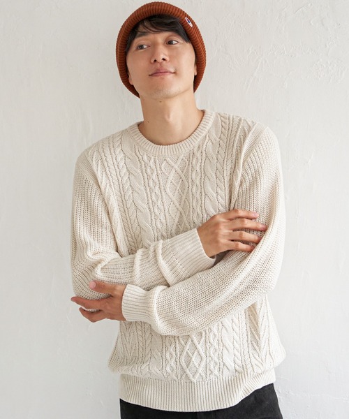 ikka（イッカ）の「アランケーブル抗菌リサイクルニット（ニット/セーター・メンズ・オフホワイト/チャコールグレー/ワイン/ネイビー・S/M/L/XL）」の7枚目の写真