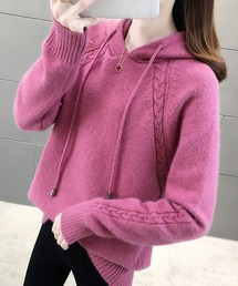 ケーブル編み ニット プルパーカー ゆったり ニット パーカー