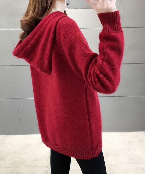 Asterellivi(アステレリビ)の「ケーブル編み ニット プルパーカー ゆったり ニット パーカー(ニット/セーター・レディース・モカ/アイボリー/ピンク/レッド/ネイビー・FREE)」の9枚目の写真