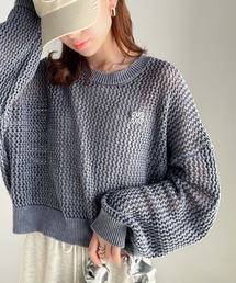 【mily bilet】絶妙な透け感が魅力!綿100%ブローチ付きストーンウォッシュメッシュニット(プルオーバー)