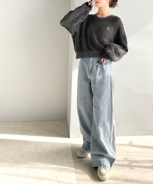 mily bilet(ミウィビレット)の「【mily bilet】絶妙な透け感が魅力!綿100%ブローチ付きストーンウォッシュメッシュニット(プルオーバー)(ニット/セーター・レディース・ブラック/ネイビー/ベージュ・X-LARGE/SMALL/MEDIUM/LARGE)」の16枚目の写真