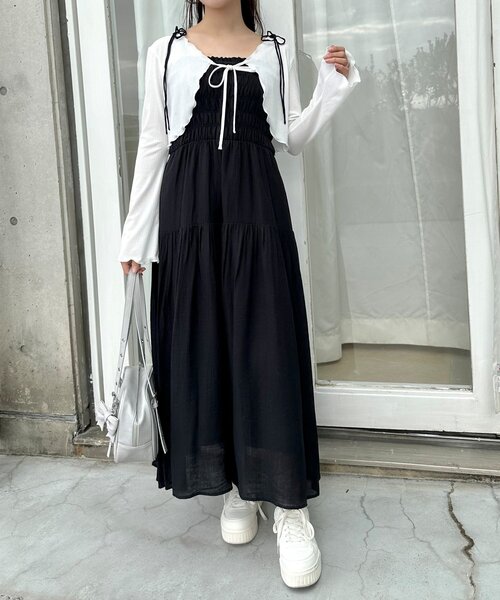 OLIVE des OLIVE(オリーブデオリーブ)の「肩リボンシャーリングキャミワンピ(ワンピース・レディース・イエロー/ブラック/オフホワイト/チェック・SMALL/MEDIUM)」の18枚目の写真
