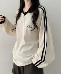 ワッフル袖ラインスキッパートップス