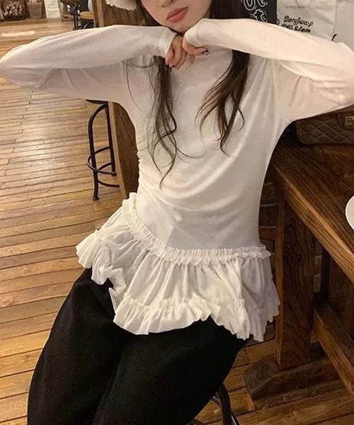 MEMECLE（メメクル）の「【 MEMECLE / メメクル 】シースルー 裾フリルレイヤード カットソー（Tシャツ/カットソー・レディース・ホワイト/ブラック・L/M/S）」の14枚目の写真