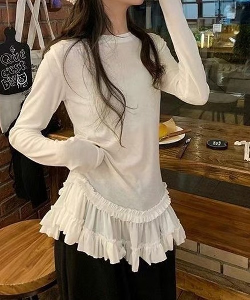MEMECLE（メメクル）の「【 MEMECLE / メメクル 】シースルー 裾フリルレイヤード カットソー（Tシャツ/カットソー・レディース・ホワイト/ブラック・L/M/S）」の19枚目の写真