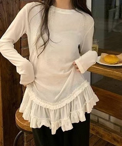 MEMECLE（メメクル）の「【 MEMECLE / メメクル 】シースルー 裾フリルレイヤード カットソー（Tシャツ/カットソー・レディース・ホワイト/ブラック・L/M/S）」の17枚目の写真