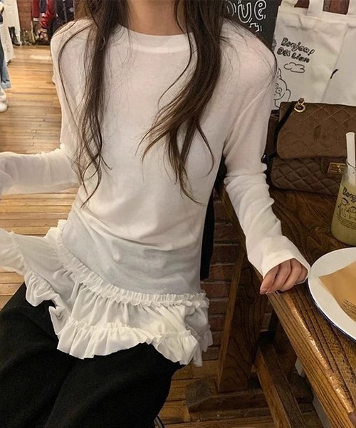 MEMECLE（メメクル）の「【 MEMECLE / メメクル 】シースルー 裾フリルレイヤード カットソー（Tシャツ/カットソー・レディース・ホワイト/ブラック・L/M/S）」の16枚目の写真