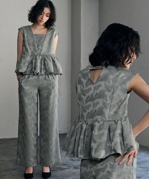 フェザー柄ジャガードペプラム セットアップ 結婚式 パンツドレス