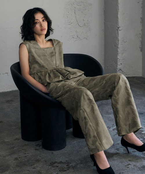 フェザー柄ジャガードペプラム セットアップ 結婚式 パンツドレス