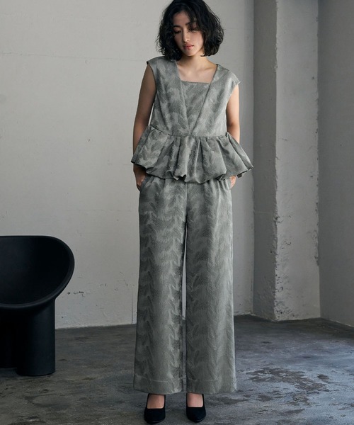 フェザー柄ジャガードペプラム セットアップ 結婚式 パンツドレス